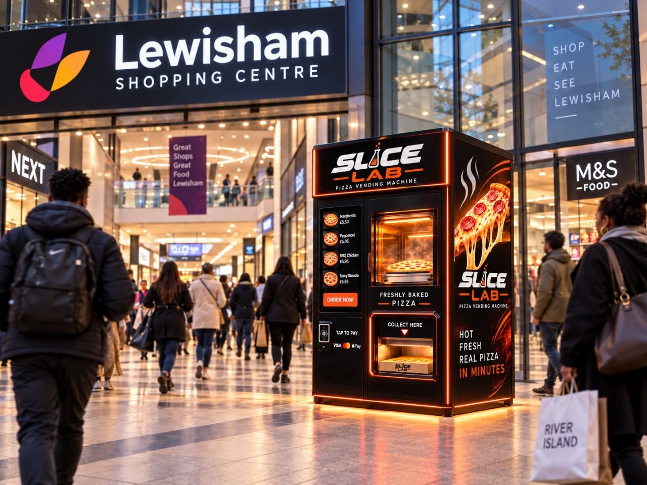 Illustrative SliceLab concept image in an example shopping destination; not an existing installation