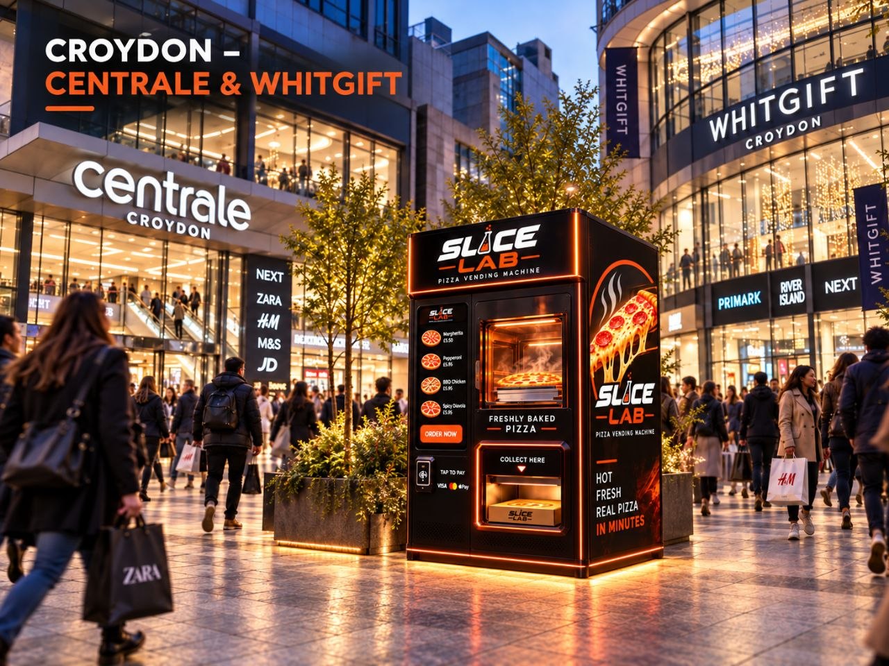 Illustrative pizza-vending concept in an example retail environment; no installation implied