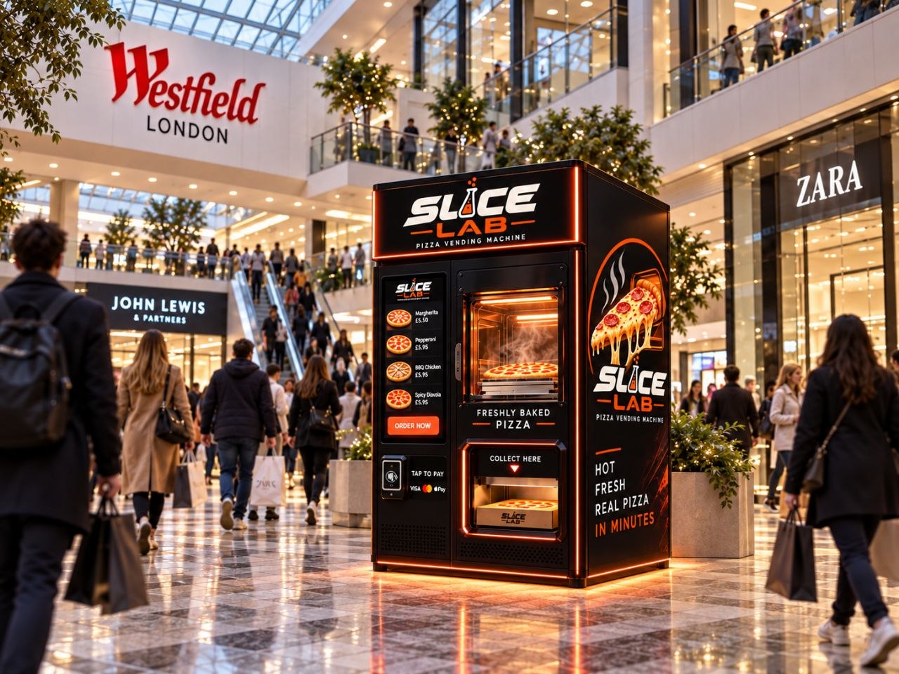 Illustrative pizza-vending concept in an example shopping environment; no venue partnership implied