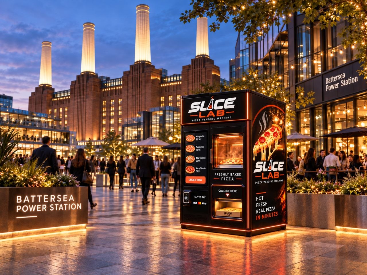 Illustrative pizza-vending concept in an example destination environment; no installation implied