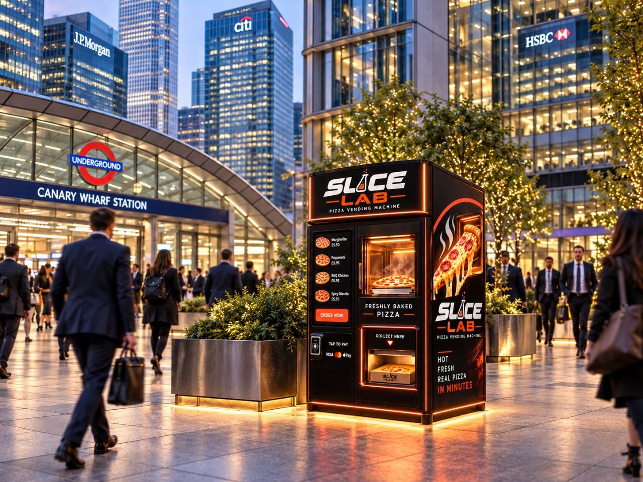 Illustrative pizza-vending concept in an example station environment; no venue partnership implied